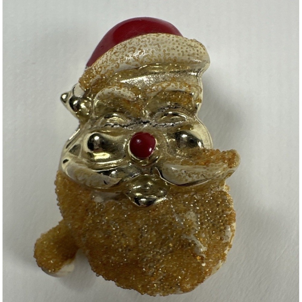 Vintage Rare Gold Tone Santa Claus Face Brooch Pin Red Hat Christmas Jewelry